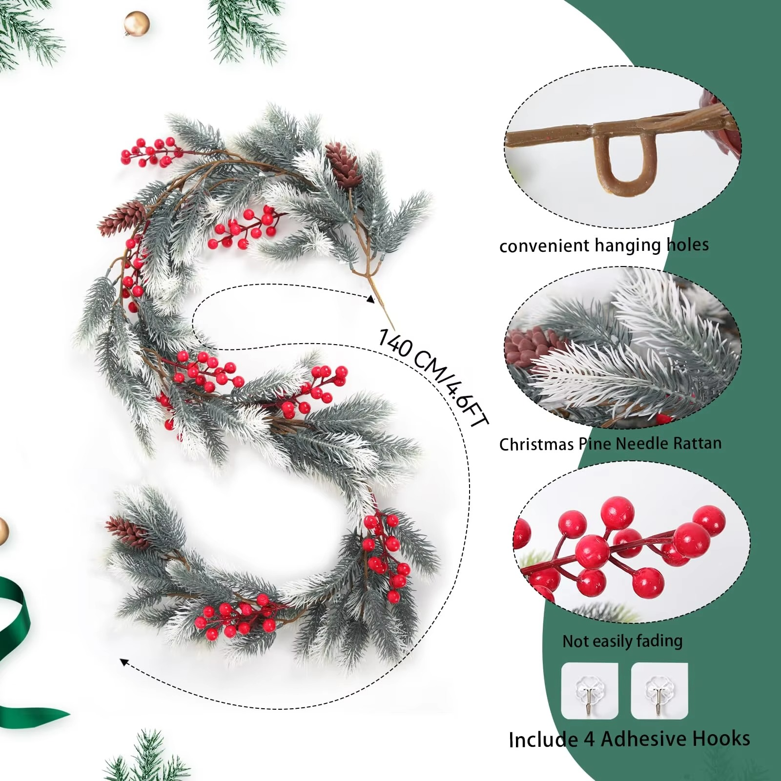 4.6ft Artificial Pine Needles Garlands Christmas Decorations with Pine Cones Red Berries Plastic Fake Plant for Xmas Home Decor