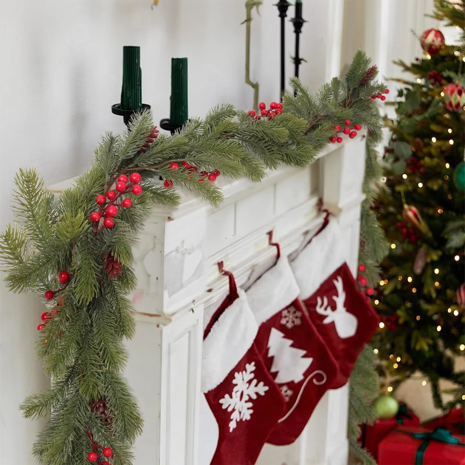 4.6ft Artificial Pine Needles Garlands Christmas Decorations with Pine Cones Red Berries Plastic Fake Plant for Xmas Home Decor