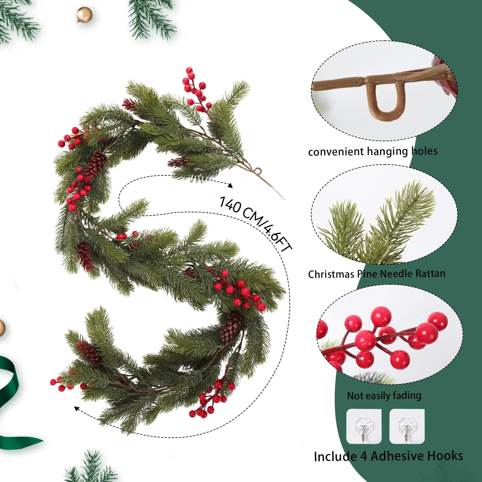 4.6ft Artificial Pine Needles Garlands Christmas Decorations with Pine Cones Red Berries Plastic Fake Plant for Xmas Home Decor