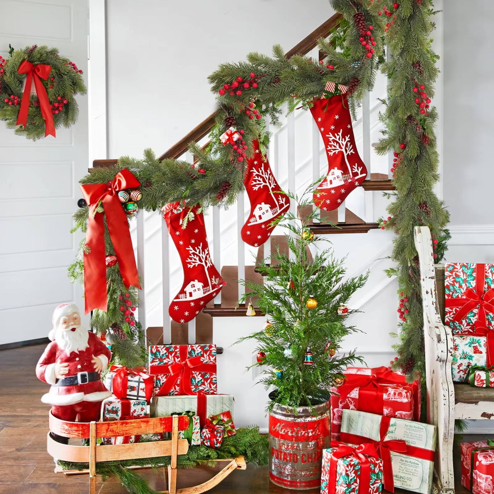 4.6ft Artificial Pine Needles Garlands Christmas Decorations with Pine Cones Red Berries Plastic Fake Plant for Xmas Home Decor
