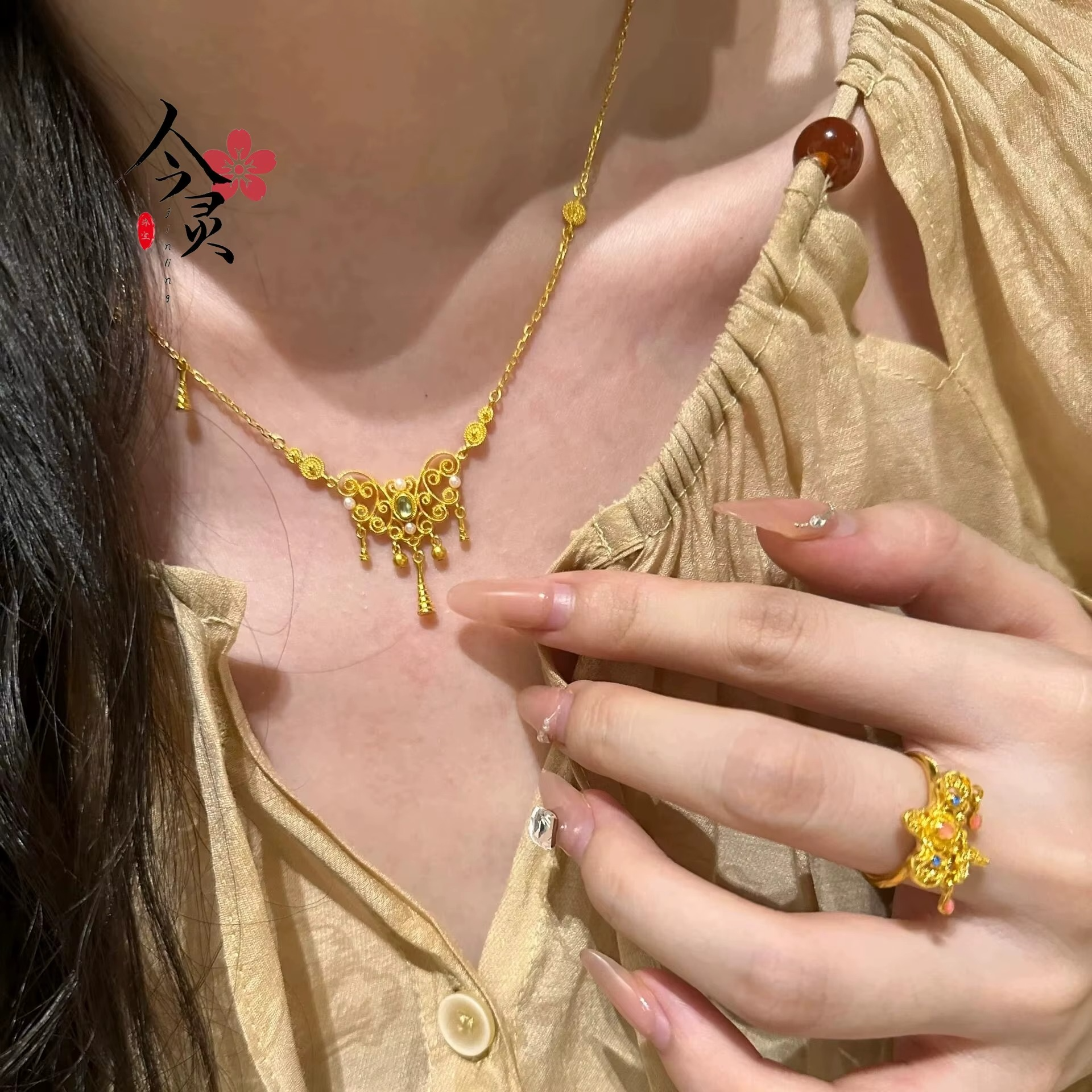 Exquisite 24K Gold Filigree Scrollwork Necklace for Women - AU999 Pure Gold