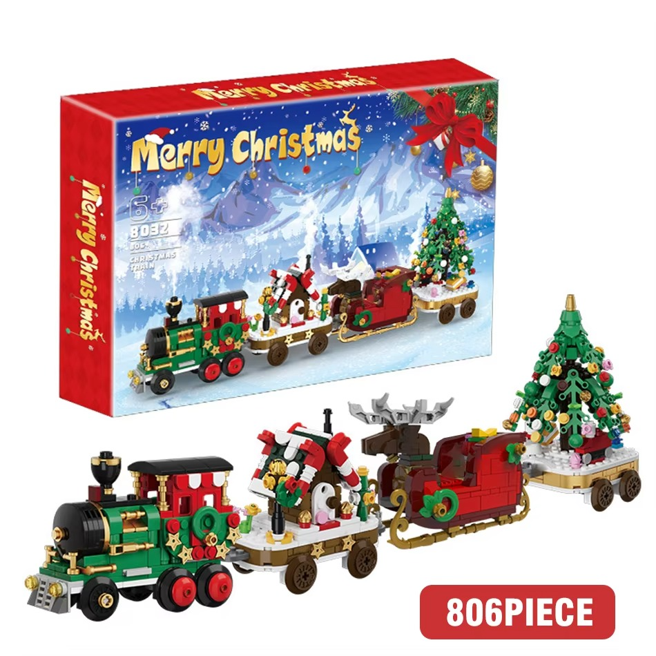 Christmas Train Santa Claus Sleigh Carriage Christmas Tree Building Blocks DIY Assembly Children Bricks Toys for Kids Xmas Gifts