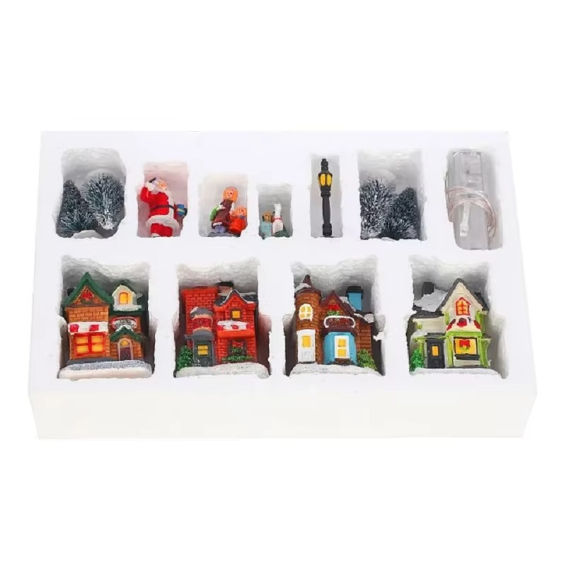 LED Resin Christmas Village Ornaments Set Figurines Decoration Santa Claus Pine Needles Snow View House Holiday Gift Home Decor