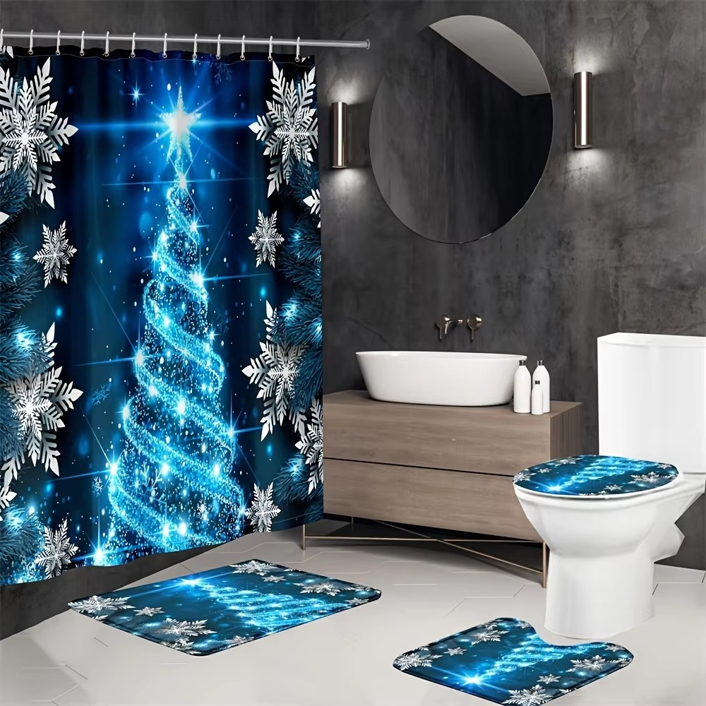 4pcs Merry Christmas Shower Curtain Set, Blue Crystal Snowflake Christmas Tree Design Waterproof Shower Curtain with 12 Hooks, 3