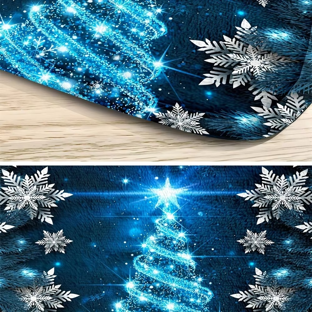 4pcs Merry Christmas Shower Curtain Set, Blue Crystal Snowflake Christmas Tree Design Waterproof Shower Curtain with 12 Hooks, 3