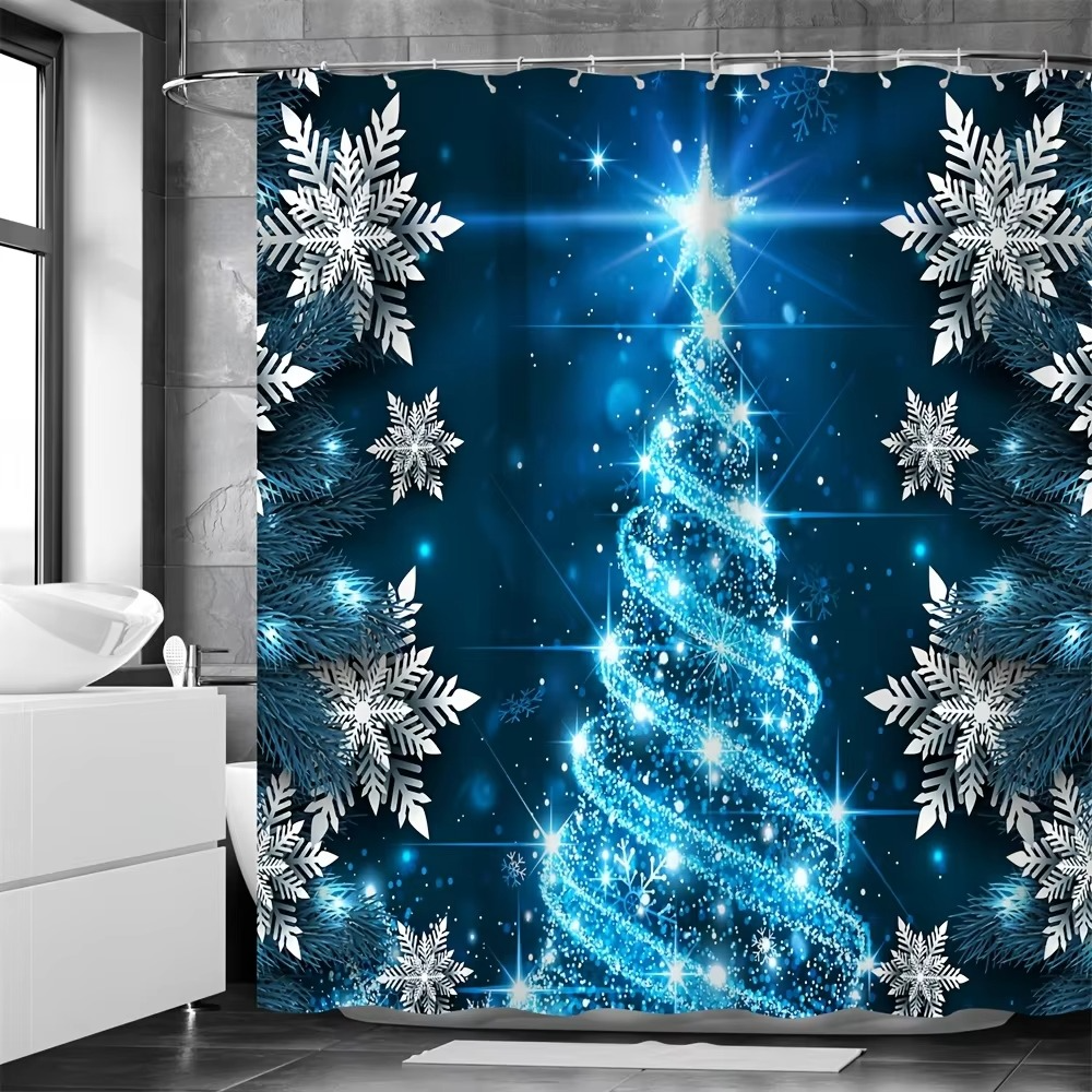4pcs Merry Christmas Shower Curtain Set, Blue Crystal Snowflake Christmas Tree Design Waterproof Shower Curtain with 12 Hooks, 3