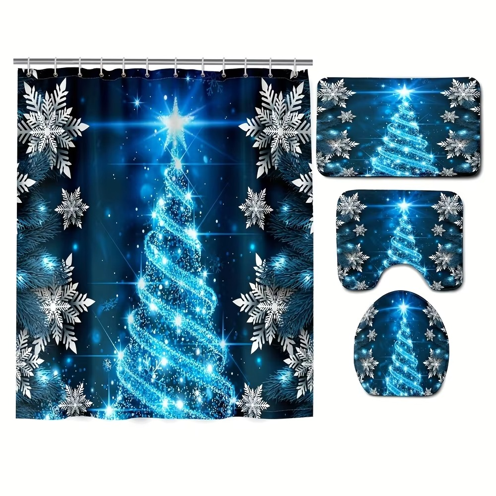 4pcs Merry Christmas Shower Curtain Set, Blue Crystal Snowflake Christmas Tree Design Waterproof Shower Curtain with 12 Hooks, 3