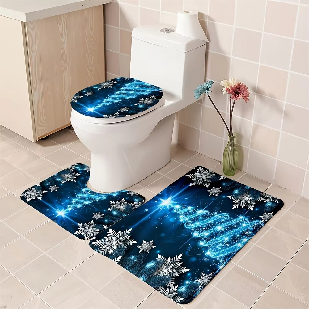 4pcs Merry Christmas Shower Curtain Set, Blue Crystal Snowflake Christmas Tree Design Waterproof Shower Curtain with 12 Hooks, 3