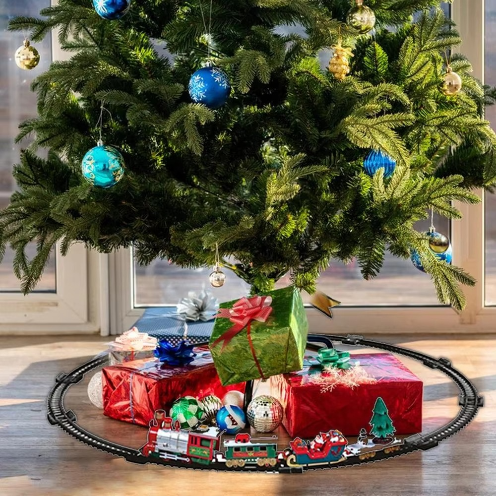 Battery Operate Railway Train with Sound&Light Railway Car Toys Christmas Train Tree Decoration Track Electric Toys for Kids