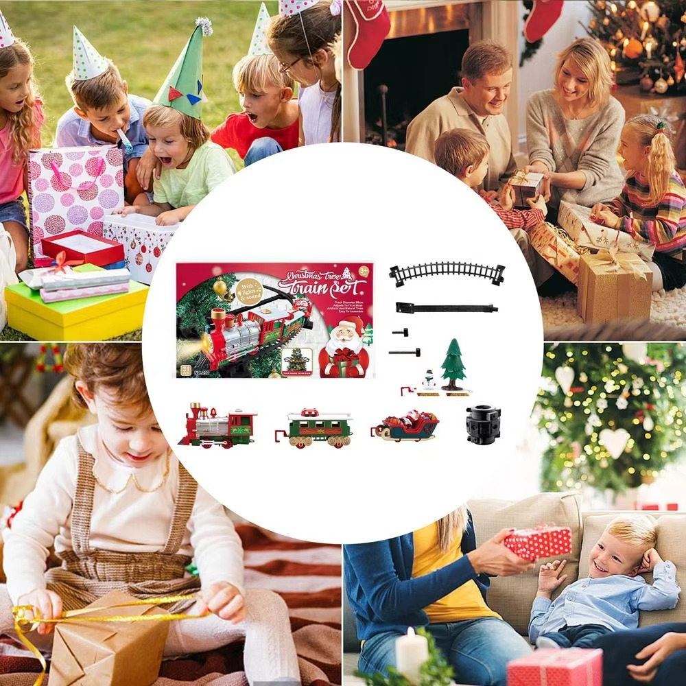 Battery Operate Railway Train with Sound&Light Railway Car Toys Christmas Train Tree Decoration Track Electric Toys for Kids