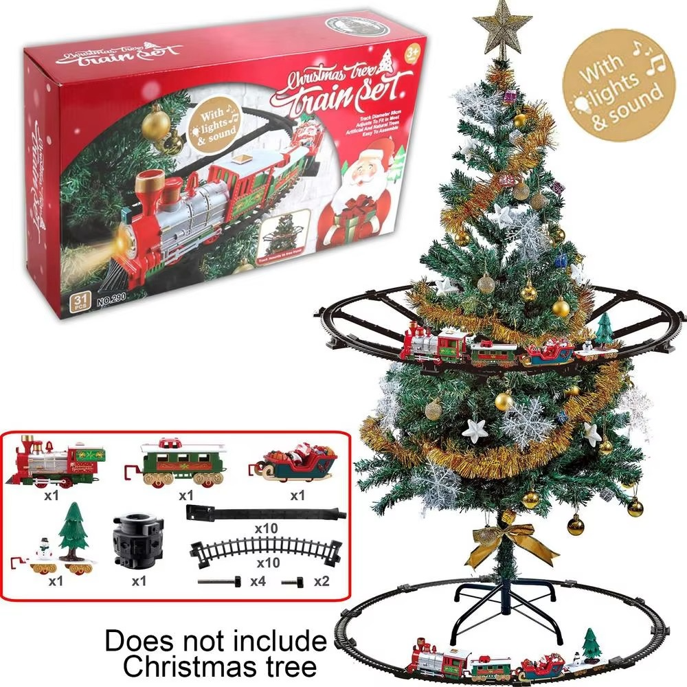 Battery Operate Railway Train with Sound&Light Railway Car Toys Christmas Train Tree Decoration Track Electric Toys for Kids
