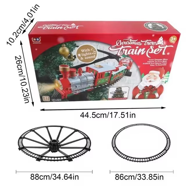 Battery Operate Railway Train with Sound&Light Railway Car Toys Christmas Train Tree Decoration Track Electric Toys for Kids