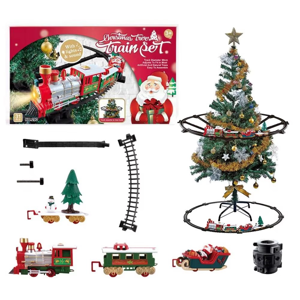 Battery Operate Railway Train with Sound&Light Railway Car Toys Christmas Train Tree Decoration Track Electric Toys for Kids