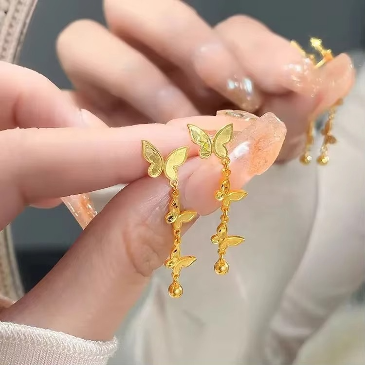 Noble Women's Bracelet Necklace Earrings 9999 24K Real Gold Butterfly Bracelet Set Gold Fashion Butterfly Series Jewelry Set