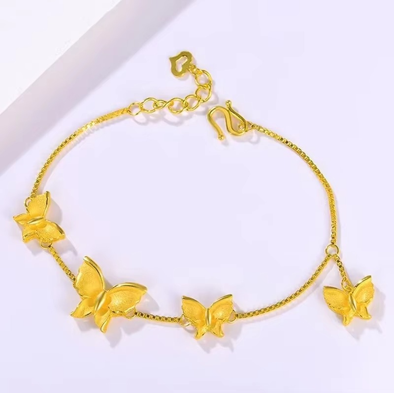Noble Women's Bracelet Necklace Earrings 9999 24K Real Gold Butterfly Bracelet Set Gold Fashion Butterfly Series Jewelry Set