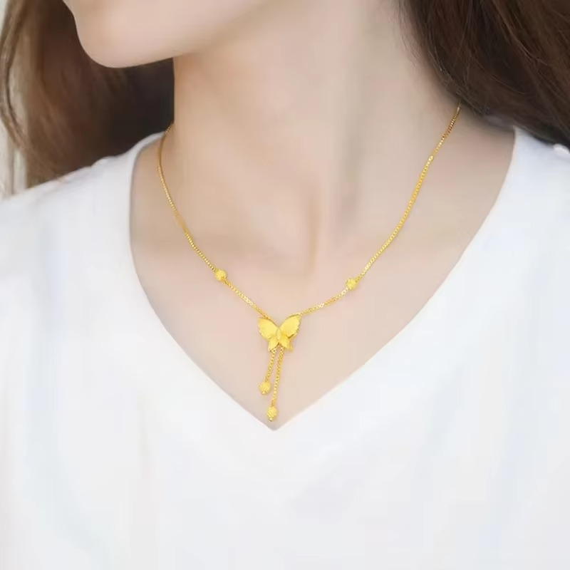 Noble Women's Bracelet Necklace Earrings 9999 24K Real Gold Butterfly Bracelet Set Gold Fashion Butterfly Series Jewelry Set