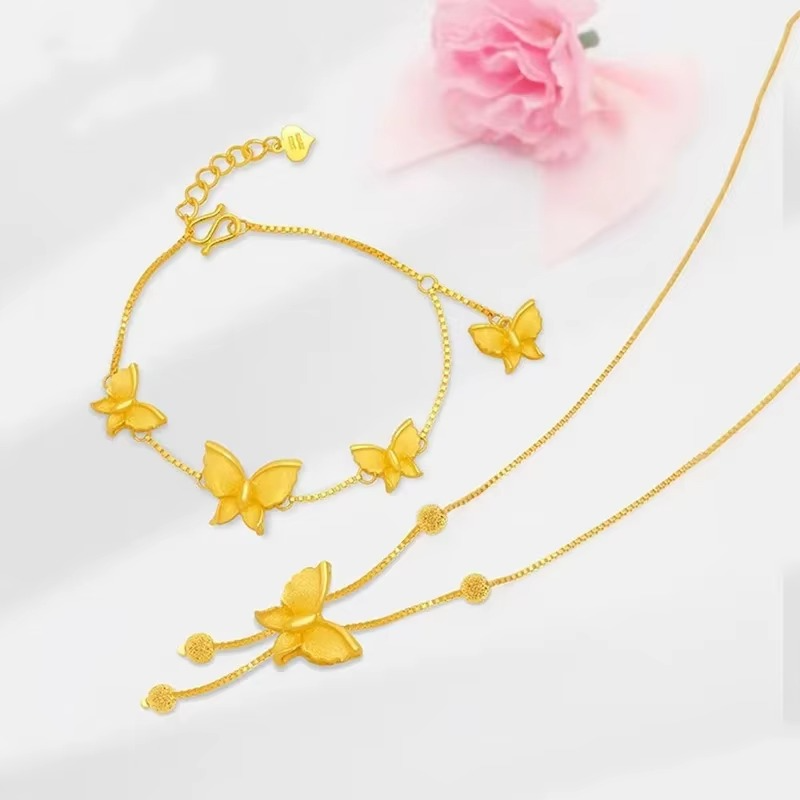 Noble Women's Bracelet Necklace Earrings 9999 24K Real Gold Butterfly Bracelet Set Gold Fashion Butterfly Series Jewelry Set