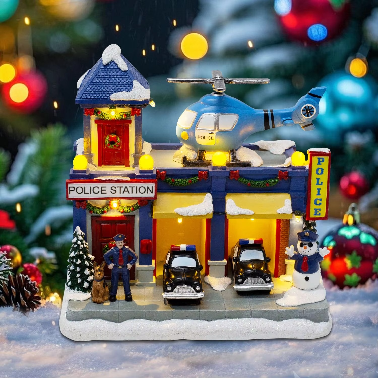 Animated Christmas Village Police Station Lighted Musical with Moving Car & Rotating Helicopter Collectible Building for Holiday