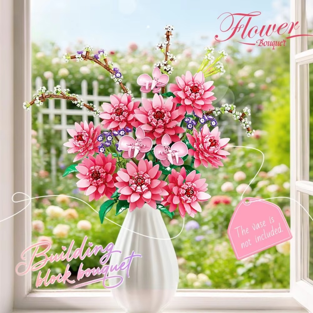 MOC Exclusive Dahlia Pink Orchid Flower Bouquet Building Block Set Eternal Blossom Plant Floral Toys Birthday Holiday Xmas Gifts
