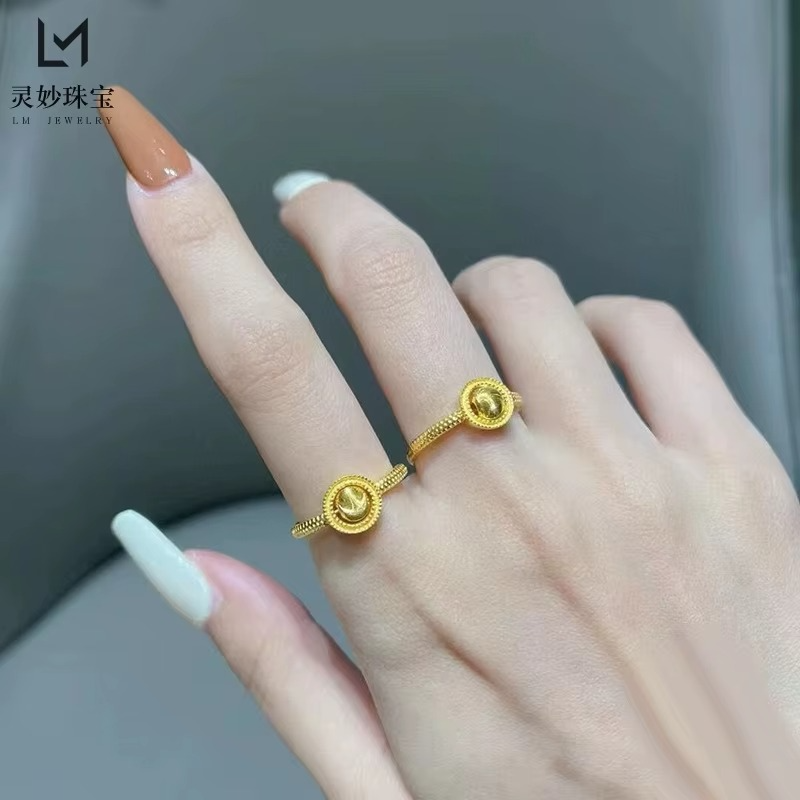 24K Gold AU999 Adjustable Spinning Bead Ring | Micro - carved vines, sturdy gold chain, adjustable, luxurious & refined