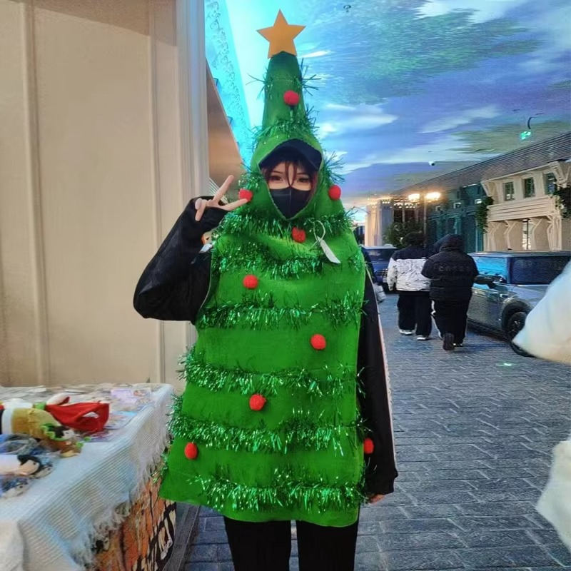 Christmas Tree Cosplay Jumpsuit Holiday Party Funny Costumes Halloween Performance Prank Santa Claus Xmas Ornament Gift Present