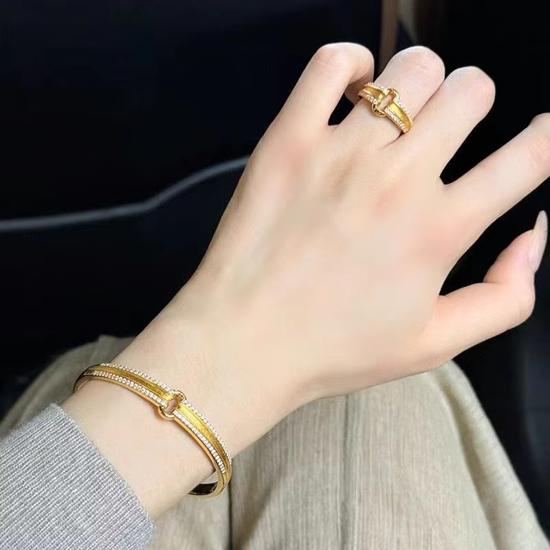 AU999 24K Gold Women's Diamond - Set Double Ring | Hollow interwoven rings, diamond accents, graceful & auspicious