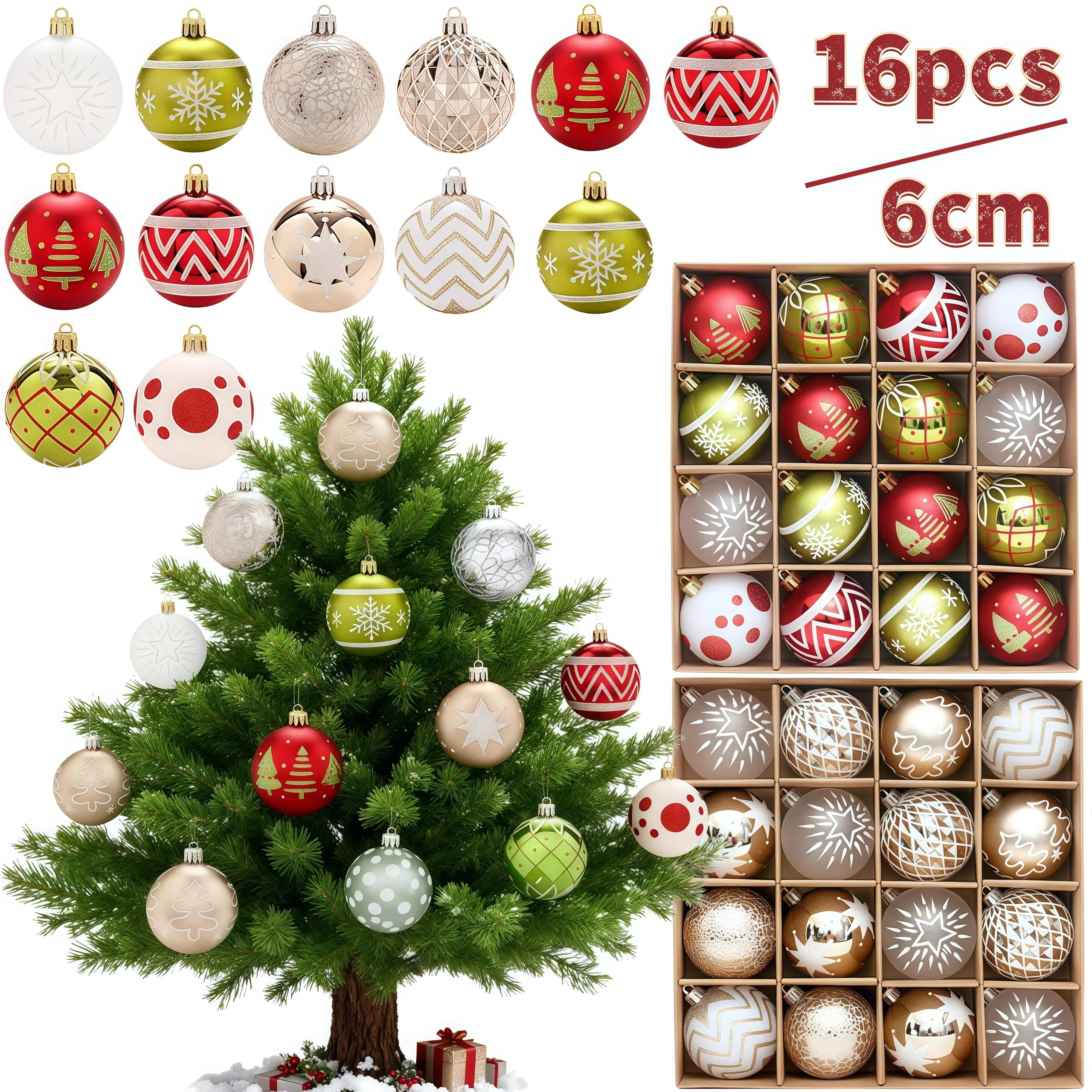 16pcs 6cm Christmas Ball Ornament Set Big Xmas Tree Hanging Pendant Merry Christmas Decoration for Home 2025 New Year Party Gift