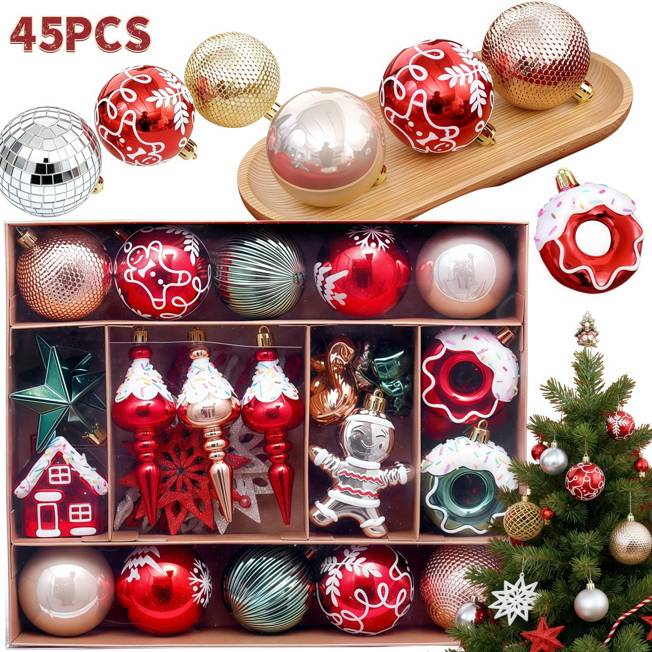 45PCS Christmas Balls Christmas Tree Ornaments Gingerbread People Xmas Hanging Pendants Home Christmas Decoration New Year Gift