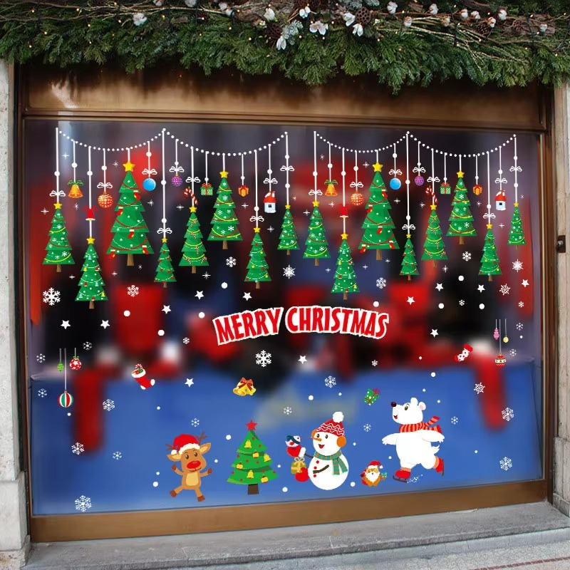 Christmas Window Clings PVC Stickers Decoration Santa Claus Xmas Tree Navidad Stocking Pattern Stickers For Home New Year Decals