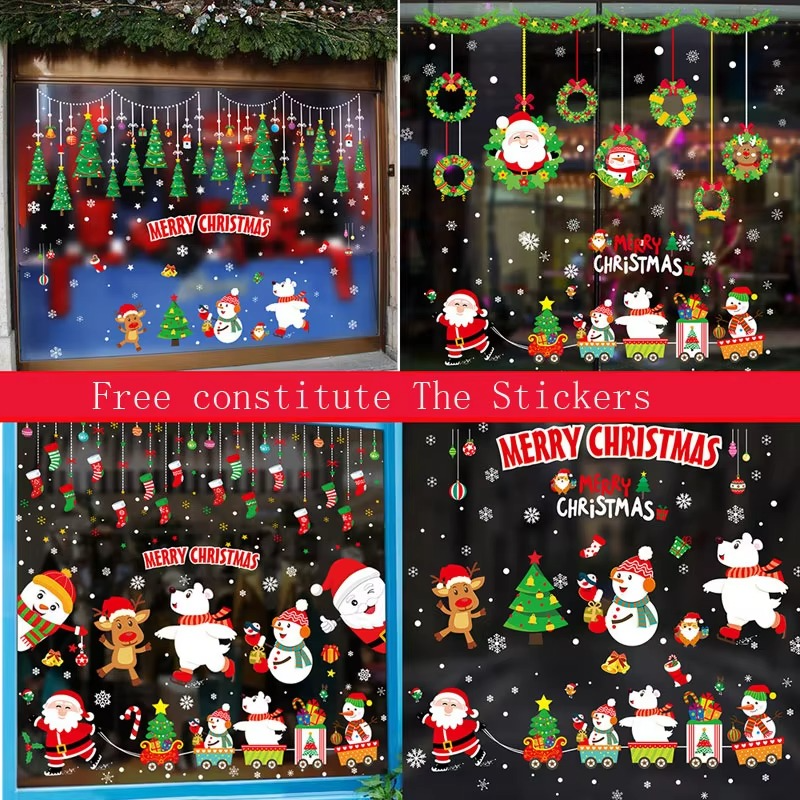 Christmas Window Clings PVC Stickers Decoration Santa Claus Xmas Tree Navidad Stocking Pattern Stickers For Home New Year Decals