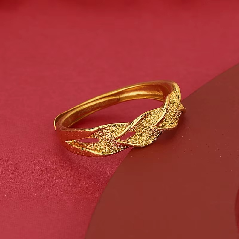 AU999 24K Gold Wheat Ear Ring | Hollow diamond - set grains, enamel - accented leaves, vintage & noble