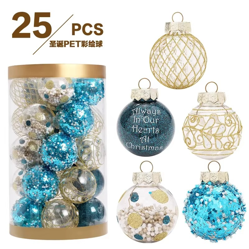 25pcs Christmas Ball Home Hanging Ornaments Blue Gold PET Painted Balls Set Xmas Tree Decoration Pendant New Year Party Decor