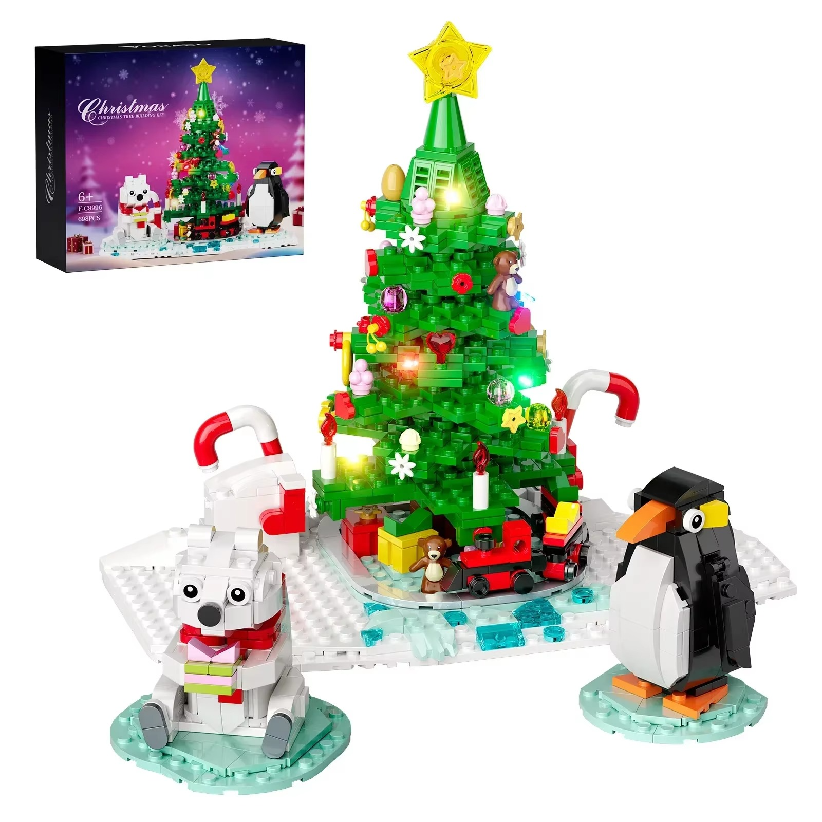 MOC New Years Winter Christmas Tree Building Blocks Set Lighting Penguin Snowman Santa Claus Bricks DIY Toys Children Xmas Gifts