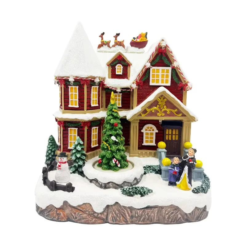 New 2025 Christmas Resin Ornament with Glowing Musical Snow Scene House Window Desktop Decoration Gift