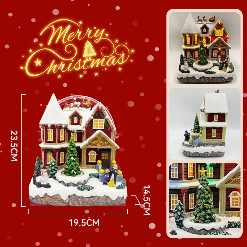 New 2025 Christmas Resin Ornament with Glowing Musical Snow Scene House Window Desktop Decoration Gift