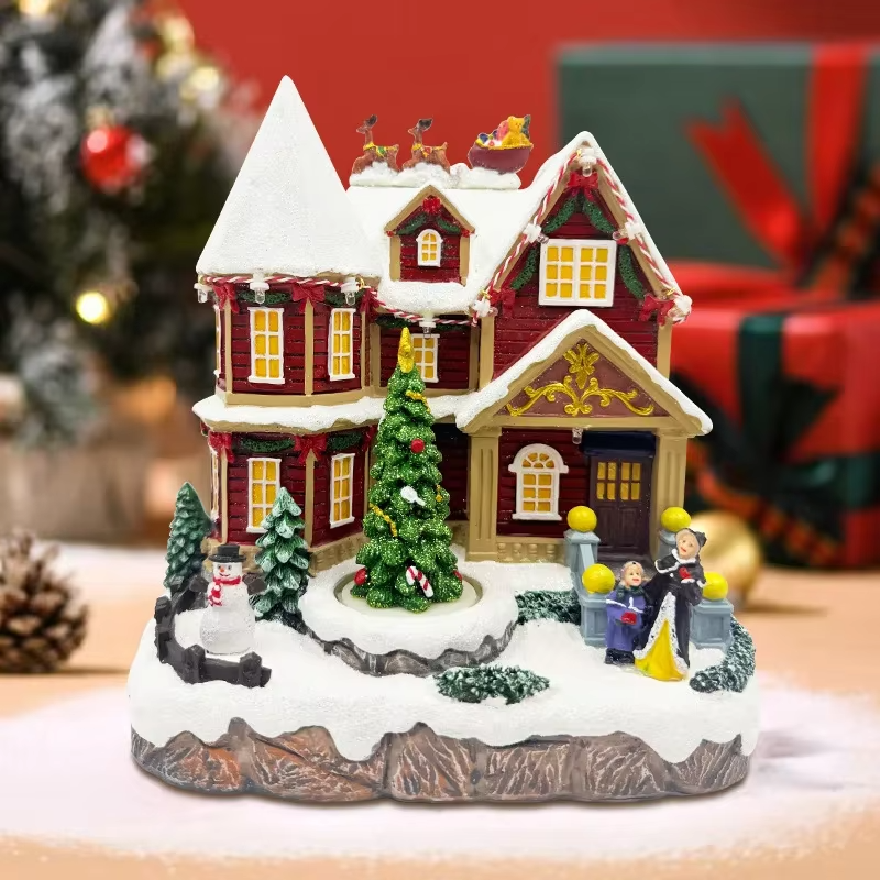 New 2025 Christmas Resin Ornament with Glowing Musical Snow Scene House Window Desktop Decoration Gift