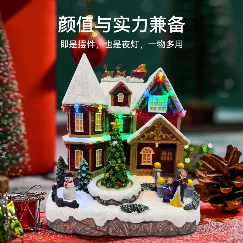 New 2025 Christmas Resin Ornament with Glowing Musical Snow Scene House Window Desktop Decoration Gift