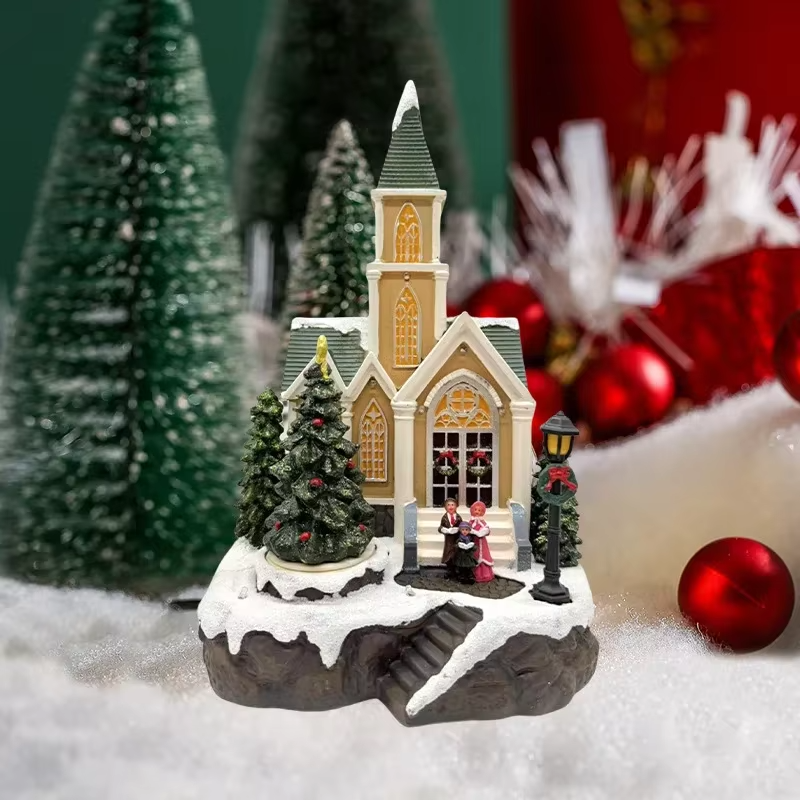 2025 New Year Christmas Church LED Lamp with Glowing Music Snow Scene Desktop House Ornament Holiday Decoration