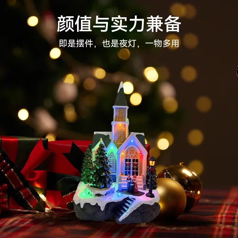 2025 New Year Christmas Church LED Lamp with Glowing Music Snow Scene Desktop House Ornament Holiday Decoration