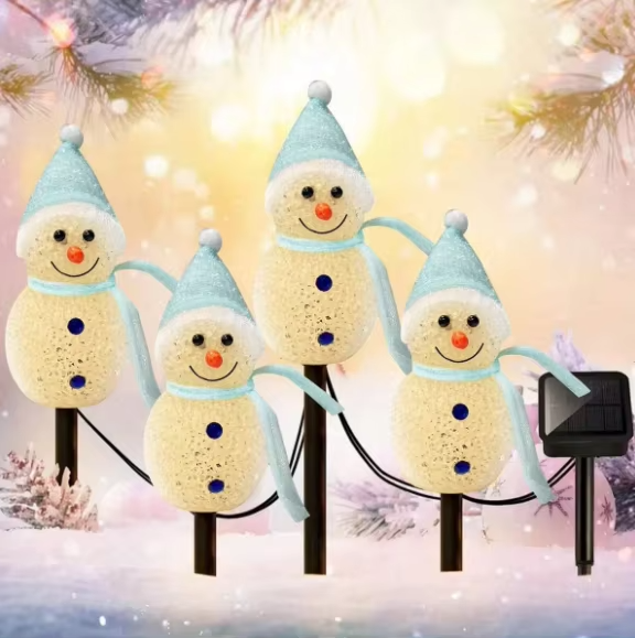 4pc Solar Christmas Snowman LED Stake Lights Solar Snowman Santa Waterproof Walkway Landscape Lights For Home Yard Garden Decor