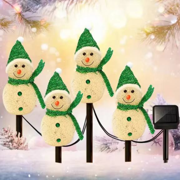 4pc Solar Christmas Snowman LED Stake Lights Solar Snowman Santa Waterproof Walkway Landscape Lights For Home Yard Garden Decor