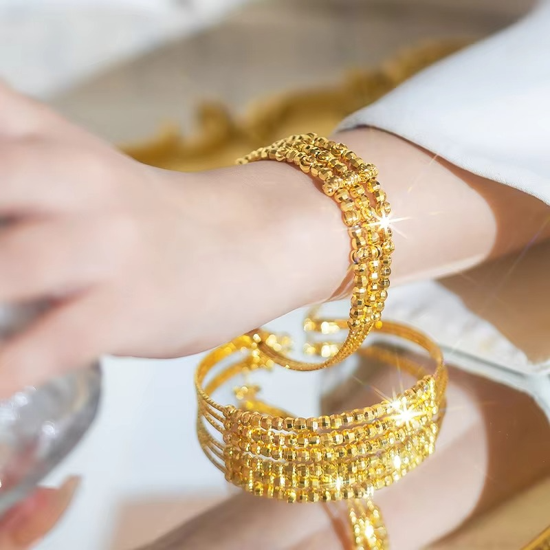 9999 24K Real Gold Shop Same Style Women's Bracelet with Three Circles Sparkling Adjustable AU750 Birthday Gift Fashionable Luxu