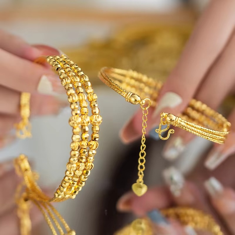 9999 24K Real Gold Shop Same Style Women's Bracelet with Three Circles Sparkling Adjustable AU750 Birthday Gift Fashionable Luxu