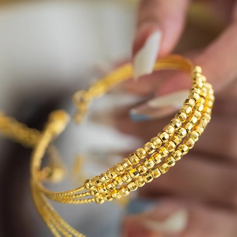 9999 24K Real Gold Shop Same Style Women's Bracelet with Three Circles Sparkling Adjustable AU750 Birthday Gift Fashionable Luxu