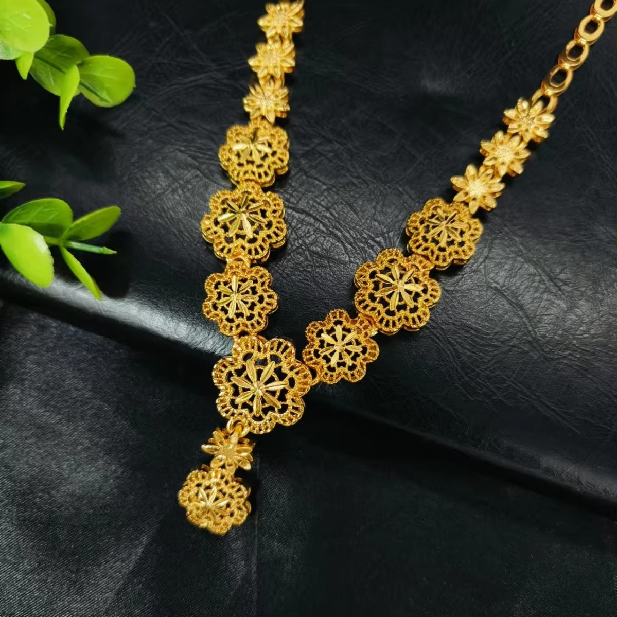 lux 9999 24K Real Gold Women's Fashionable and Flower Necklace Earrings Bracelet Ring Jewelry Set Dubai Bridal Pendants
