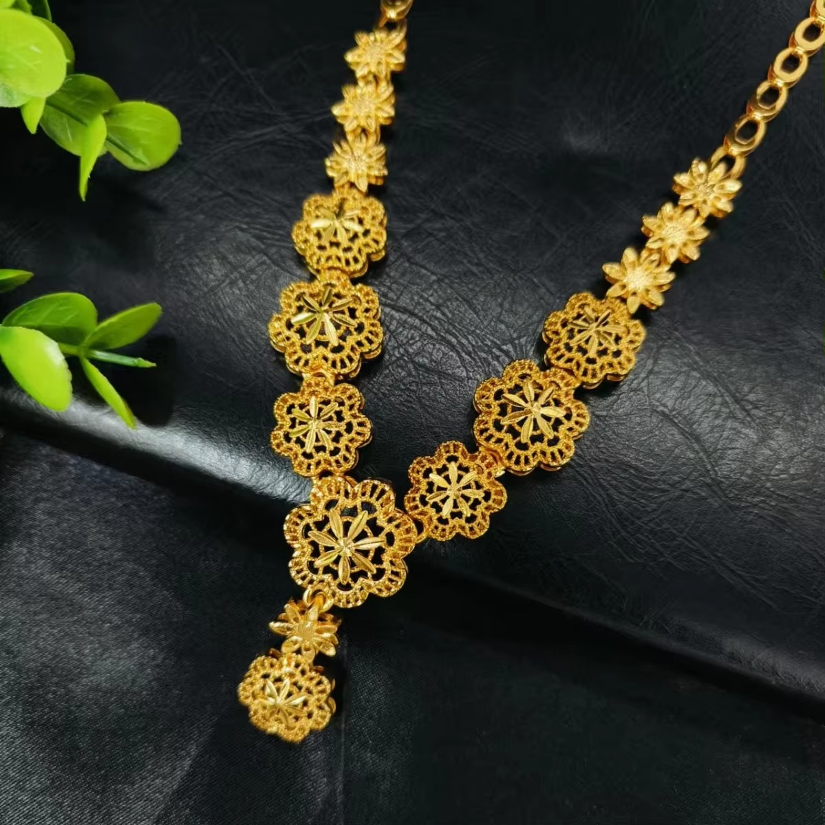 lux 9999 24K Real Gold Women's Fashionable and Flower Necklace Earrings Bracelet Ring Jewelry Set Dubai Bridal Pendants
