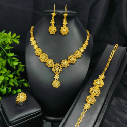 lux 9999 24K Real Gold Women's Fashionable and Flower Necklace Earrings Bracelet Ring Jewelry Set Dubai Bridal Pendants