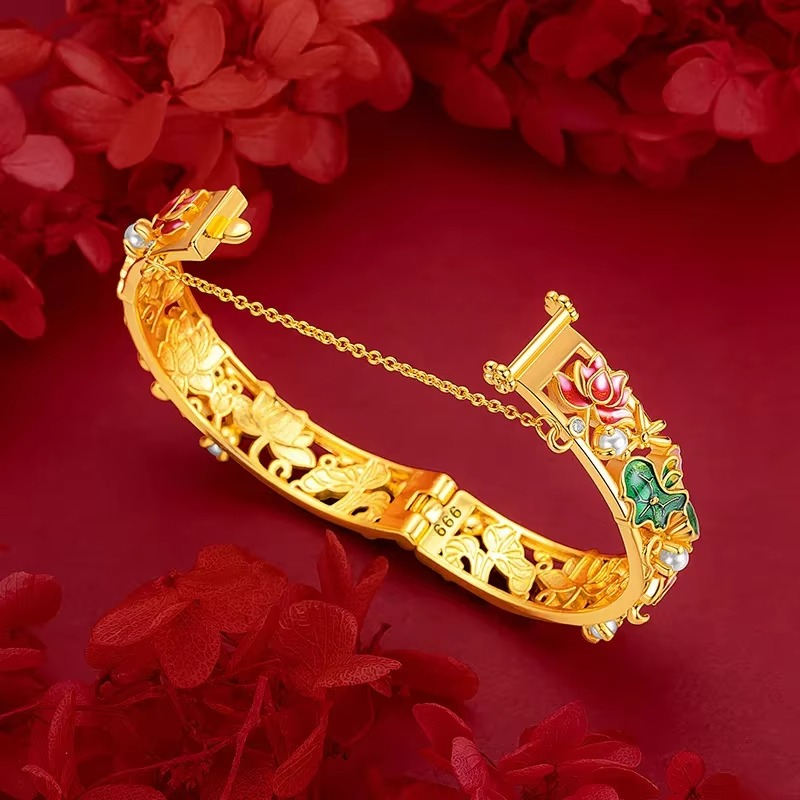24K Yellow Gold 9999 Real Ethnic Enamel Lotus Bracelet, Lotus Buckle, Spacious Fit