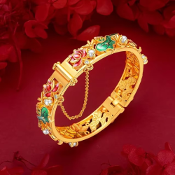24K Yellow Gold 9999 Real Ethnic Enamel Lotus Bracelet, Lotus Buckle, Spacious Fit