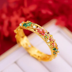 24K Yellow Gold 9999 Real Ethnic Enamel Lotus Bracelet, Lotus Buckle, Spacious Fit